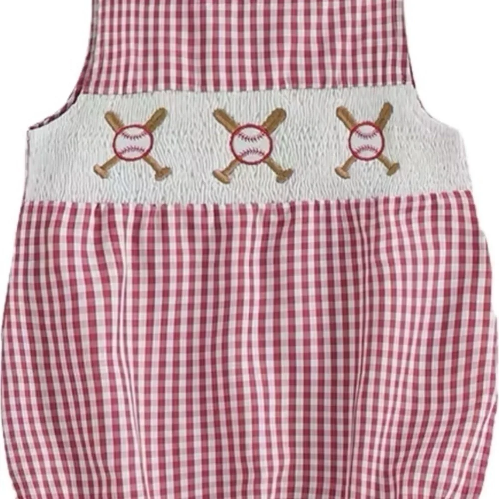 New Red Gingham Baby Romper “baseball” 12 months